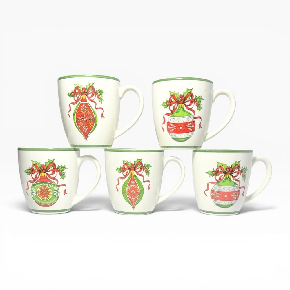 Christopher Radko “Holiday Celebrations, Green Trim” 5 Porcelain Mugs 4” 16oz